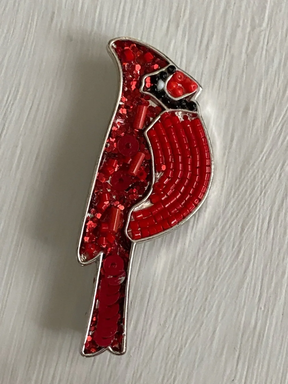 Red Cardinal Brooch Silver Tone Beaded & Sequin Bird Pin